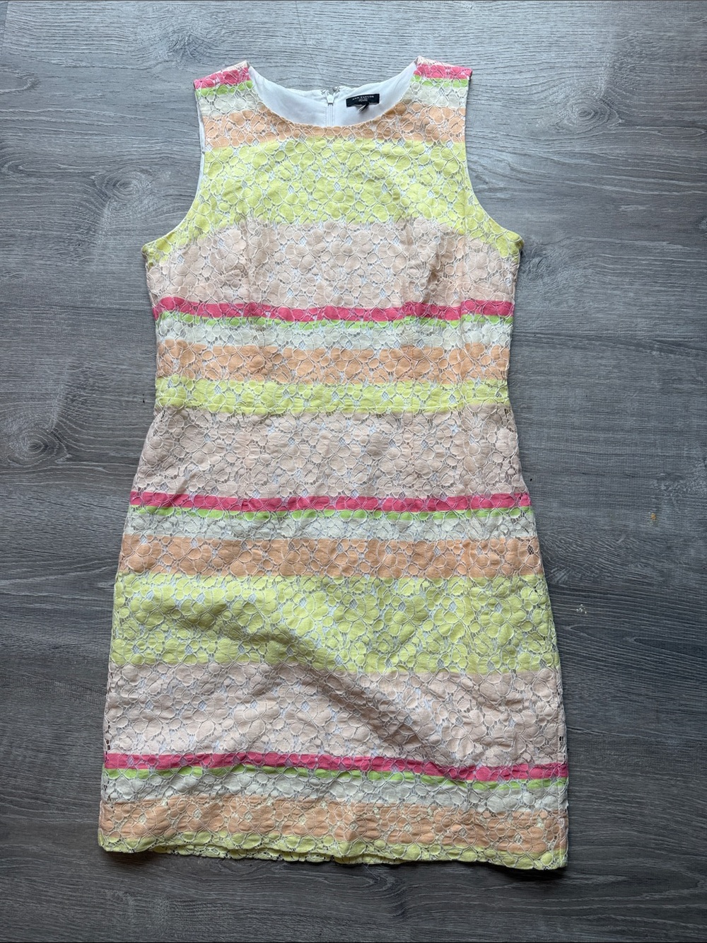 Sleeveless Striped Lace Shift Dress - Pastel Yellow & Pink
